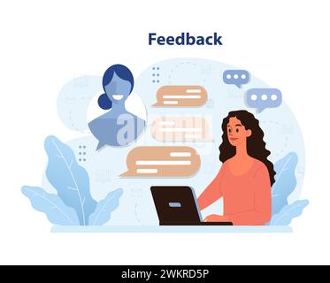 Online feedback concept visualized. Woman at laptop connecting with virtual representative, discussing responses and insights. Prompt communication, effective chat, clarity in understanding. Stock Vector