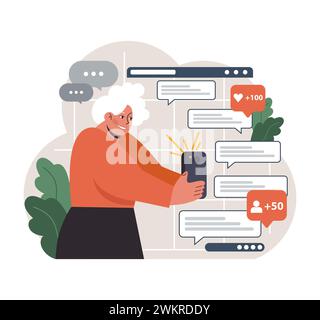 Popular in Love: Senior gentleman catching waves of admiration and likes on a dating app, showcasing the zest for modern romance and the power of connection. Flat vector illustration. Stock Vector