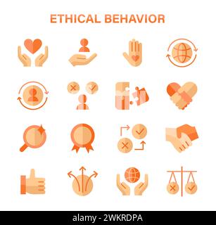 Ethical Behavior set. Principles of integrity and fairness in actions. Trust and responsibility icons. Compassion, global care, justice representation. Flat vector illustration. Stock Vector