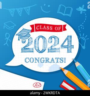 Class of 2024, chalk drawn chat text in chat bubble on blue blackboard. 2024 class of, square academic cap, pencils and graduation test Stock Vector