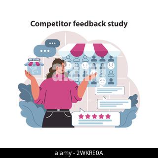 Competitor feedback study concept. Business strategist analyzing customer reviews for competitive insight and service enhancement. Market sentiment analysis. Flat vector illustration. Stock Vector