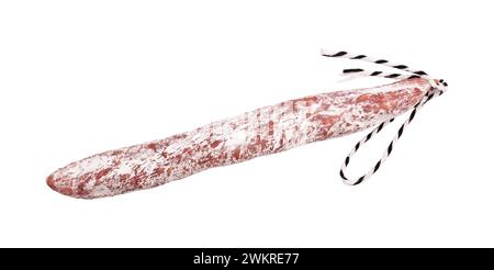 dried salami with white mold isolated on white background with clipping path, whole fuet sausage thin dry cured are laid out to create layout, concept Stock Photo