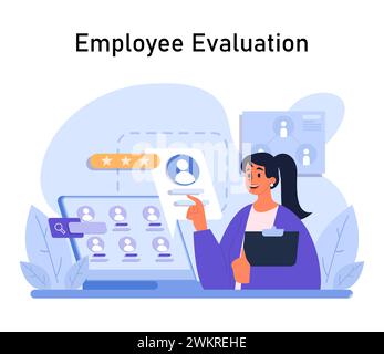 Employee Evaluation concept. A dedicated manager assessing team members through digital profiles, highlighting performance metrics. Efficient workforce management. Flat vector illustration. Stock Vector