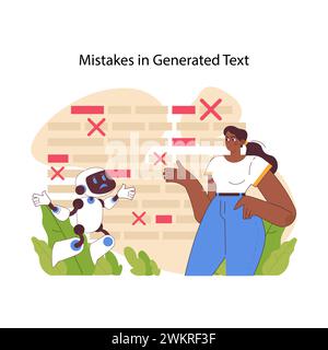 Mistakes in generated text concept. AI assists in refining content, pinpointing and correcting errors. Enhancing clarity in digital communication. Technologies learning. Flat vector illustration Stock Vector