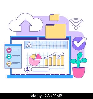 Dynamic digital workspace scene presents cloud uploading, vibrant data analytics, and wireless connectivity. Efficient online tools streamline modern workflow. Flat vector illustration Stock Vector