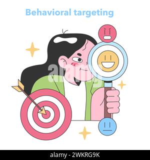 Behavioral targeting concept. Enthusiastic woman peering through a magnifying glass at emoticons, indicating positive and negative reactions, while aiming an arrow at a target. Stock Vector