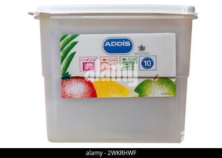 Addis plastic food container with lid isolated on white background - with care and use usage symbols information Stock Photo
