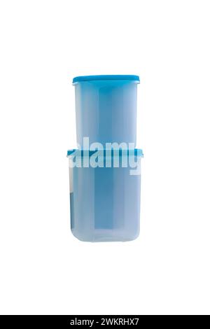 stack of plastic food containers with lids isolated on white background Stock Photo
