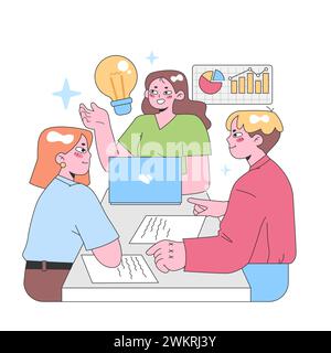 Collaborative Brainstorming concept. A team of professionals engage in a discussion at a table, a woman with a bright idea symbolized by a lightbulb, and growth graphs in the background. Flat vector. Stock Vector