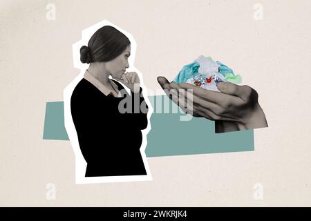 Abstract collage young woman contemplates garbage plastic environmental pollution helping planet eco friendly ecosystem trash Stock Photo
