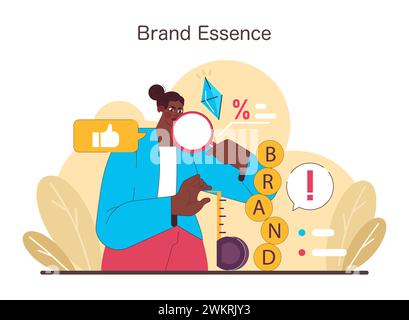 Brand Essence concept. A meticulous examination of brand core values and unique selling propositions, underlining the importance of authenticity in branding. Flat vector illustration Stock Vector