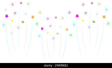 A cheerful multicolored festive fireworks display with stars and sparks highlighted on a transparent background. Stock Vector