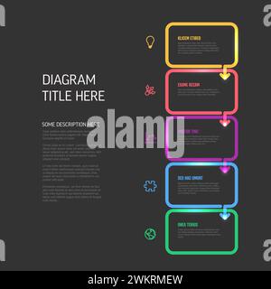 Vector process progress template diagram schema with five steps icons and descriptions. color thick line rectangles on dark background with arrows in Stock Vector