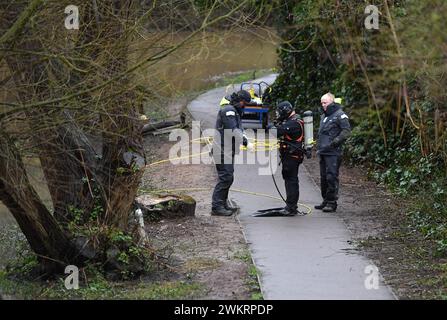 Leicester, Leicestershire, UK. 22nd February 2024. Police divers continue to search Aylestone Meadows, the Grand Union Canal and surrounding areas for Xielo Maruziva, a 2 year old boy that fell into flood water on Sunday February 18th and hasn’t been seen since. Stock Photo