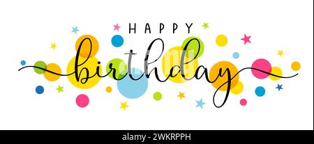 Happy Birthday handwritten phrase with swirl ribbons and colored circles. Vector design for posters and greeting cards with text and colorful confetti Stock Vector