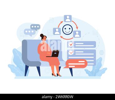 Modern virtual workspace dynamics. Woman on laptop efficiently coordinating with diverse team members, underscoring the essence of diversity and inclusivity in today's digital work era. Flat vector Stock Vector