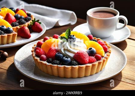 Fruit tart and cup of hot cocoa, beautifully presented Stock Photo