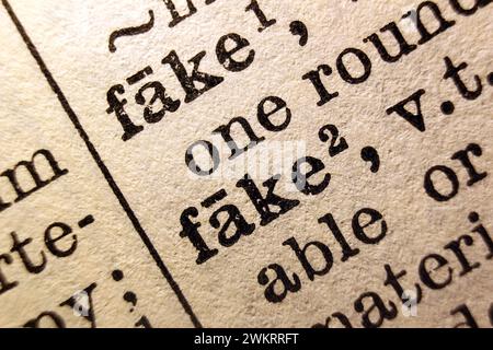 Definition of word fake on dictionary page, close-up Stock Photo