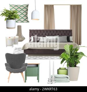 Stylish bedroom interior with different decorative elements and furniture on white background. Mood board collage Stock Photo