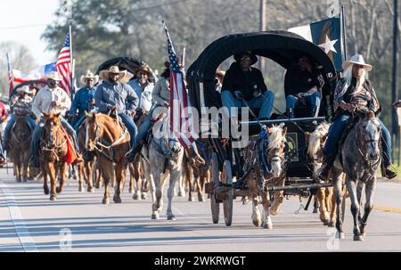 Rosharon, Texas, USA. 20th Feb, 2024. Members of the South West Trail Riders Association travel through Brazoria County, Texas during they 100 mile journey to the annual Houston Livestock Show and Rodeo in Houston, TX. The group averages about 16 miles a day and will meet up with three other Black Cowboy groups at Memorial Park for opening ceremonies (Credit Image: © Brian Branch Price/ZUMA Press Wire) EDITORIAL USAGE ONLY! Not for Commercial USAGE! Stock Photo
