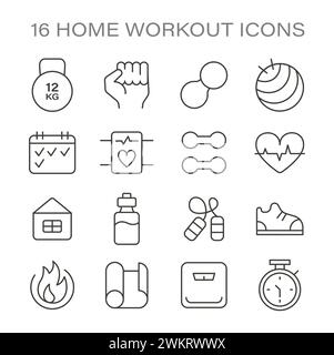 Essential Home Workout Icons set. Symbols represent key fitness elements like weights, heart rate, hydration, and active footwear. Essentials for a home-based exercise routine. Flat vector icons. Stock Vector