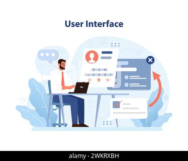 User Interface concept. Professional working on laptop navigating sophisticated dashboard. Engaging with user profiles, analytics, and feedback. Streamlined digital workspace. Flat vector illustration Stock Vector