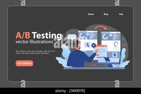 A B Testing concept. Expert analyzing two website versions, making data-driven decisions. Exploring user engagement metrics, optimizing for best performance. Digital strategy evaluation. Flat vector Stock Vector