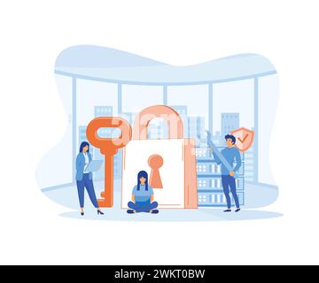 Database security. Business people holding a key and lock. Personal data protection. modern vector flat illustration Stock Vector