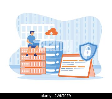 Hackers stealing personal data. Hacker, criminal with laptop stealing user personal data. flat vector modern illustration Stock Vector