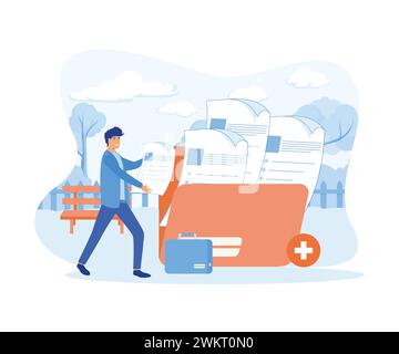 Businessman adds file to big folder. Storage and indexing of information. Businessman holds paper document. flat vector modern illustration Stock Vector