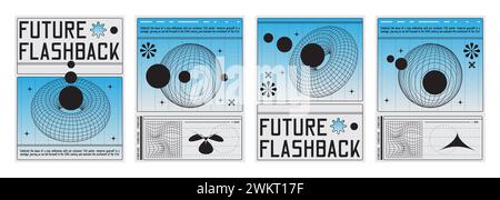 Y2k techno vibe banners set. Vector realistic illustration of retrowave aesthetic posters with geometric design elements, blue wireframe torus, globe Stock Vector