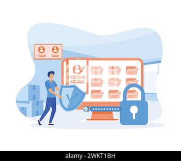 Flat personal cyber data security user with shield log in protection web access control concept. flat vector modern illustration Stock Vector