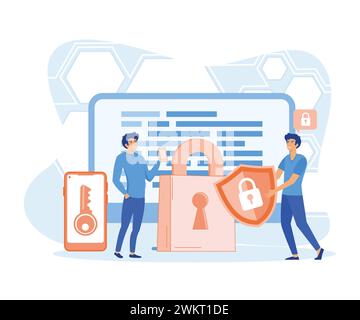 Flat data security system concept with people characters, minimal outline design style for landing page. flat vector modern illustration Stock Vector