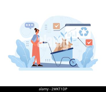 Energetic woman with a wheelbarrow of compost, focusing on sustainable urban farming, surrounded by digital tasks and eco-friendly symbols. Flat vector illustration Stock Vector