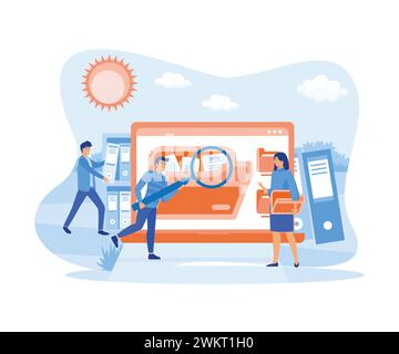 People taking documents from shelves, using magnifying glass and searching files in electronic database. flat vector modern illustration Stock Vector