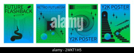 Set of retrowave techno banners. Vector realistic illustration of y2k aesthetic blue and green gradient posters with wireframe portal perspective, sta Stock Vector