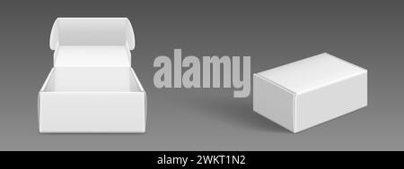 White cardboard box mockup set isolated on gray background. Vector realistic illustration of open and closed carton packages, mail delivery, gift pack Stock Vector
