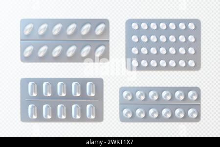 Pills and capsules in foil blister pack mockup. Realistic vector illustration set of medicine in plastic package on transparent background. Template m Stock Vector