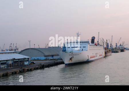 Surabaya, Indonesia, July 27, 2023: Large passenger ships dock at the port to load and unload passengers and goods. water transportation Stock Photo