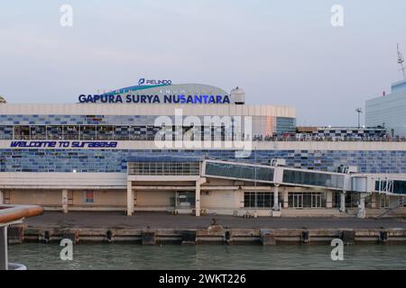 Surabaya, Indonesia, July 27, 2023: Tanjung Perak Port, Surabaya is a sea passenger terminal with a modern, environmentally friendly concept with a bo Stock Photo