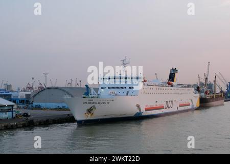 Surabaya, Indonesia, July 27, 2023: Large passenger ships dock at the port to load and unload passengers and goods. water transportation Stock Photo