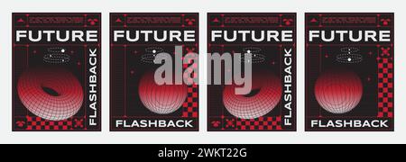 Y2k techno vibe banners set with geometric design elements. Vector realistic illustration of retrowave aesthetic posters, red wireframe torus, globe o Stock Vector