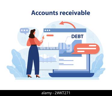 Monitoring accounts receivable operations. Woman reviews digital dashboard with graphs, invoices, and debt notification. Financial claims management. Flat vector illustration. Stock Vector