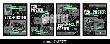Trendy y2k style poster design template with abstract grid geometric shapes and glitch effect background. Vector set of 00s aesthetic covers with wire Stock Vector