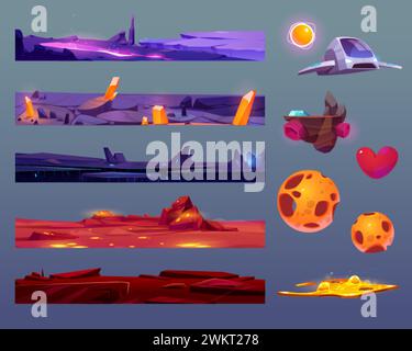Set of space game ground layers and assets isolated on background. Vector cartoon illustration of seamless soil layers, rocky surface with neon substa Stock Vector