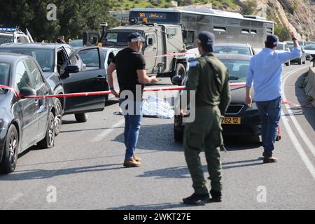 Maale Adumim. 22nd Feb, 2024. Israeli security and emergency personnel are seen at the site of a shooting near the West Bank settlement of Maale Adumim, Feb. 22, 2024. The shooting killed one person and injured eight others on Thursday, according to Israeli police and emergency services. Three gunmen arrived by car, opened fire at cars waiting in traffic near the settlement, before two of them were shot by security forces at the scene, according to Israeli police. Another gunman fled the scene, but was shot later. Credit: Jamal Awad/Xinhua/Alamy Live News Stock Photo