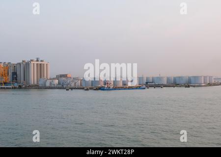 Surabaya, Indonesia, July 27, 2023: Ship refuelling station at Tanjung Perak harbour Stock Photo