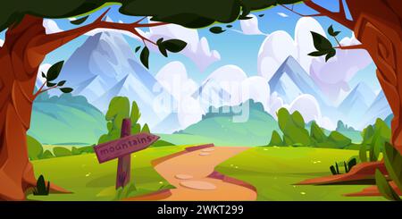 Outgoing path from forest to mountains. Cartoon vector summer landscape of green grass on meadow with trees and wooden arrow sign near soil road. Gras Stock Vector
