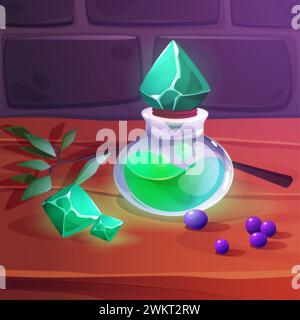 Glass bottles with magic green glowing potion or medicine with diamond as cork, branch of herm and berries on wooden table. Cartoon vector illustratio Stock Vector
