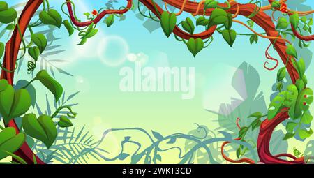 Jungle background with border frame from liana vine, green leaves and flowers. Cartoon sunny tropical backdrop with empty space for text. Rainforest l Stock Vector
